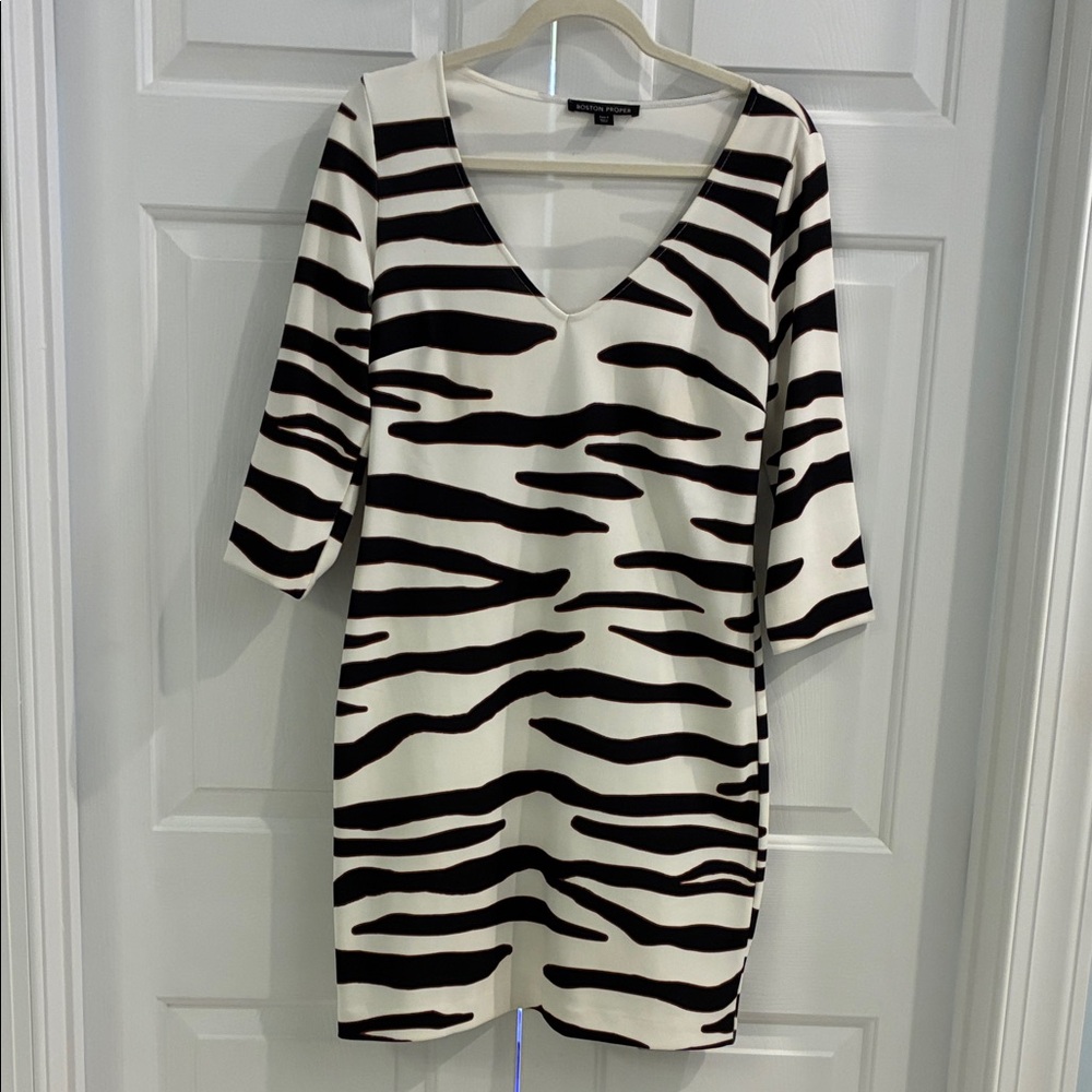 Boston Proper Black and White Zebra Print Long Sleeve Dress